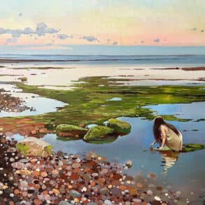 Painting of a woman crouching down on the beach