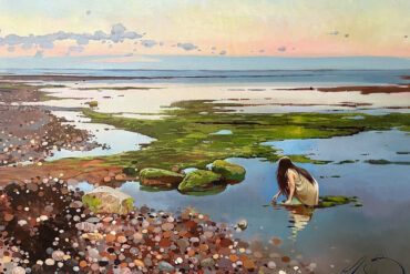 Painting of a woman crouching down on the beach