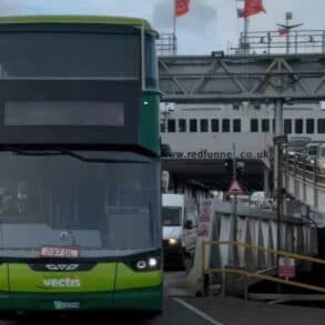 southern vectis electric bus departing the red funnel ferry