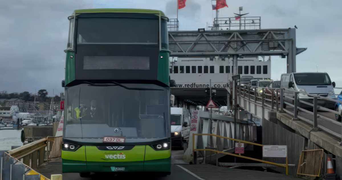 southern vectis electric bus departing the red funnel ferry