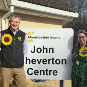 Darren Seward, Agent at NFU Mutual New Forest, Isle of Wight and Bournemouth (left) and Charlotte Hornblow, Community Fundraising Lead at Mountbatten Isle of Wight (right)