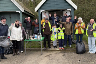 East Cowes Spring beach clean volunteers having a tea break