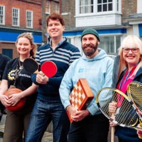 From left, Charlotte Hornblow and Harri McNeil (Mountbatten Isle of Wight); Mike Christie (Wight Games Festival founder), Matt Hitt (Independent Arts); Sally Hillyear and Kate Sandys (Isle of Wight NHS Trust Charity)