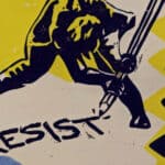Illustration of someone writing the word 'resist' with a large pencil
