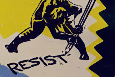 Illustration of someone writing the word 'resist' with a large pencil