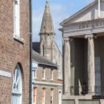 View of Newport Guildhall and church spire in the background