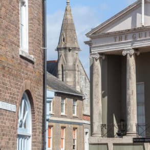 View of Newport Guildhall and church spire in the background