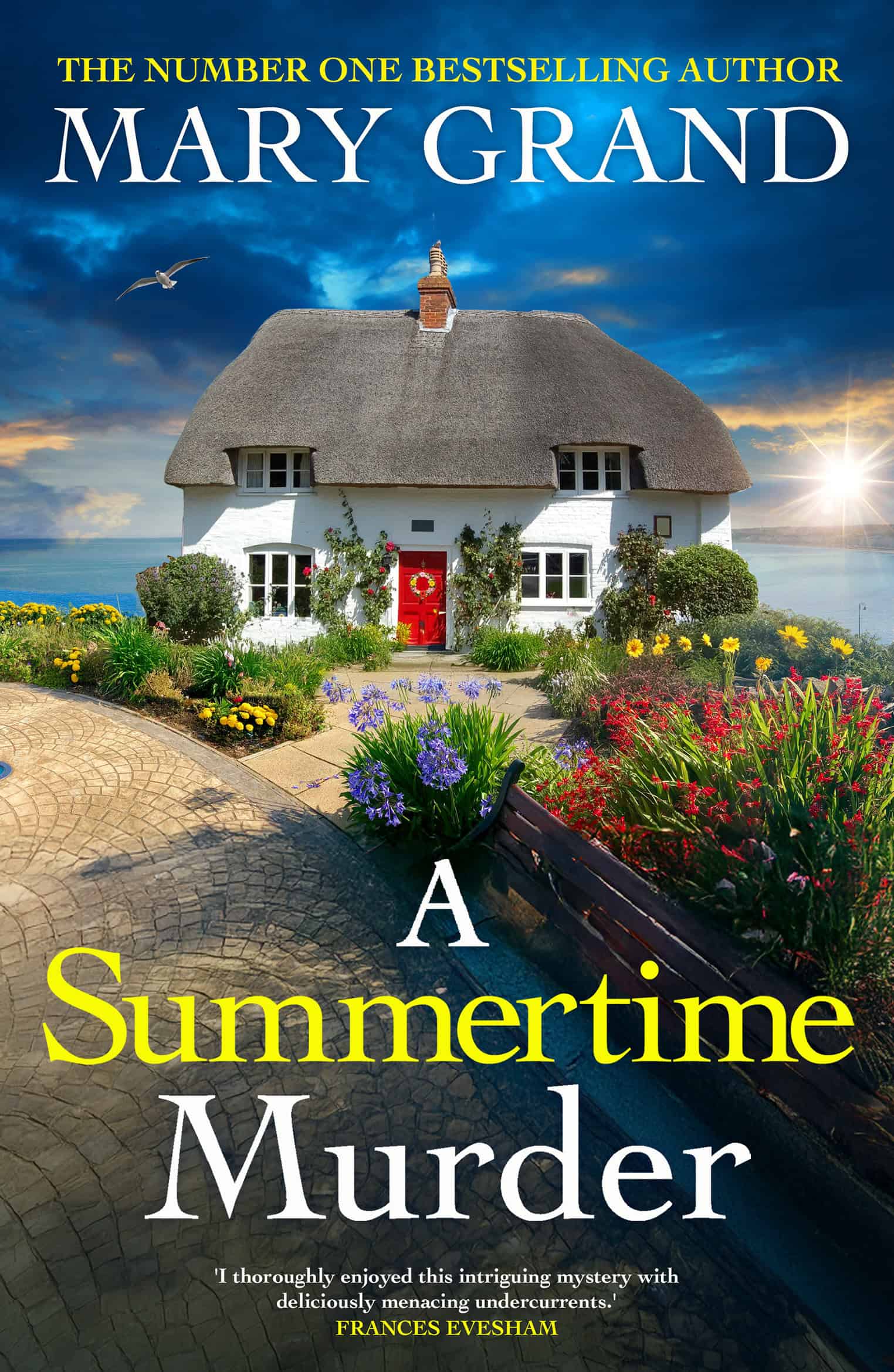 Book cover for the novel 'A Summertime Murder' showing quaint cottage by the sea