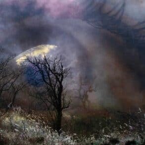 A haunting dark purple and black painting of a countryside scene with a large eye in the background