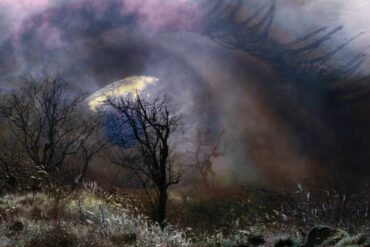 A haunting dark purple and black painting of a countryside scene with a large eye in the background