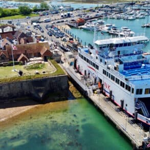 Aerial view of Wight Sky ferry docked in Yarmouth