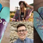 Zoe Sadler and Shaun Cuff surrounded by their skateboard artwork