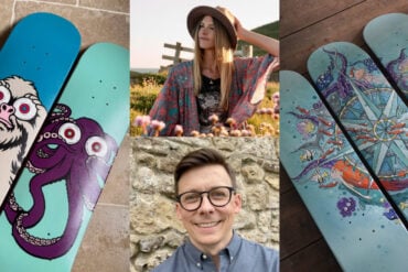 Zoe Sadler and Shaun Cuff surrounded by their skateboard artwork