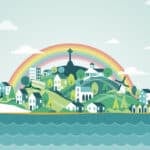 abstract illustration of the Island with ferry to the right and needles lighthouse to the left