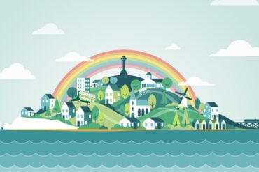 abstract illustration of the Island with ferry to the right and needles lighthouse to the left