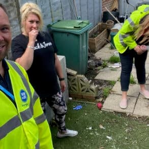Abi Williams at her house with members of Southern Water