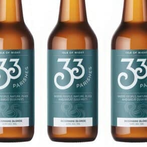 Three bottles of the 33 parishes Biosphere blond beer