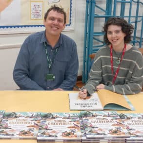 Daisy and Stephen signing books at Niton Primary School