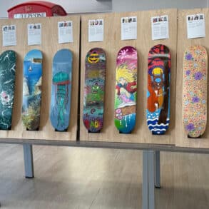 Artist designed skateboards in the exhibition