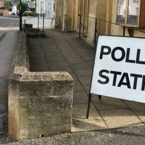 Polling station sign outside a church
