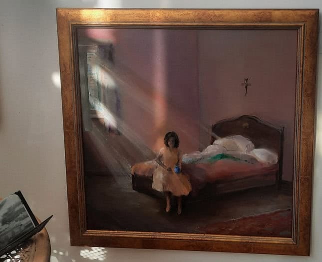 Painting of a lady sitting on the edge of the bed with the sun shining through shutters