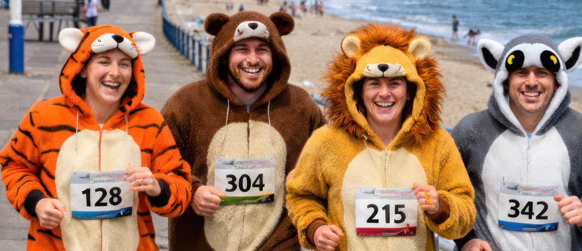 Four people in bear fancy dress running along the seafront