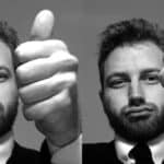 two photos side by side one with man holding a thumbs up signal, the other with him holding a thumbs down signal