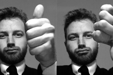 two photos side by side one with man holding a thumbs up signal, the other with him holding a thumbs down signal