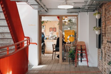 View from the first floor hallway into the cafe