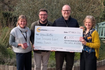 Helen O’Brien, Head of Fundraising for Mountbatten, All Well & Good’s Leighton Atchison-Warne and Neil Clark, Mountbatten CEO, Becky McGregor.