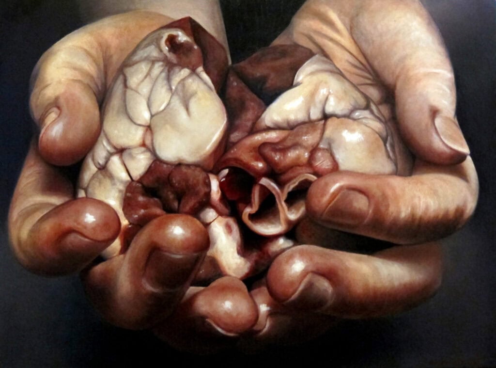 hyper real painting of a person holding a human heart in their hands