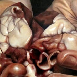 hyper real painting of a person holding a human heart in their hands