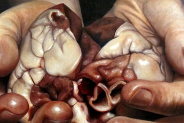 hyper real painting of a person holding a human heart in their hands