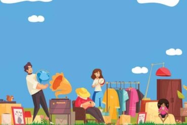 illustration of people buying things from a garden sale