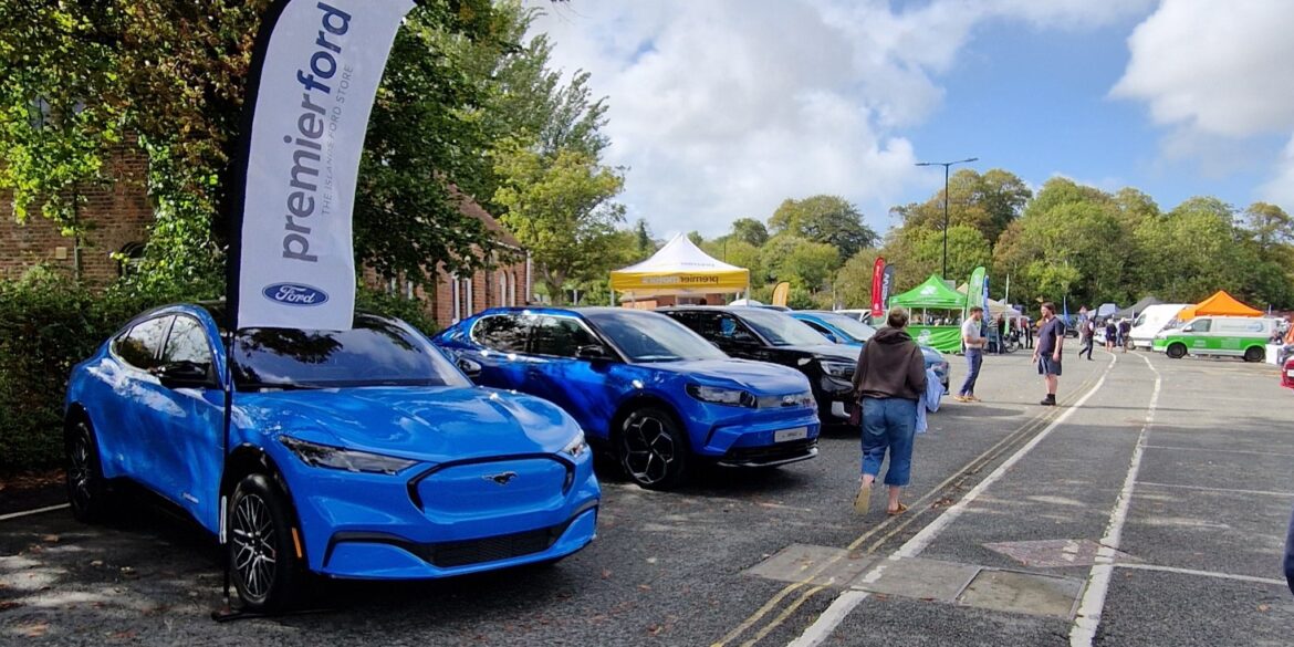 Electric cars lined up in the car park