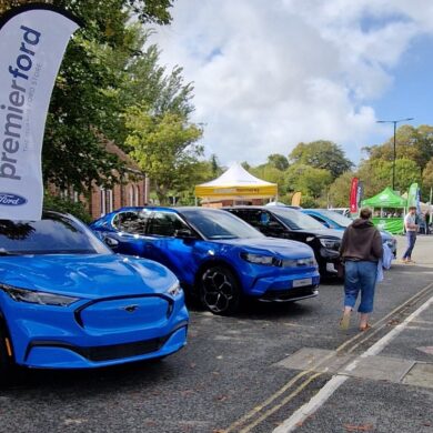 Electric cars lined up in the car park