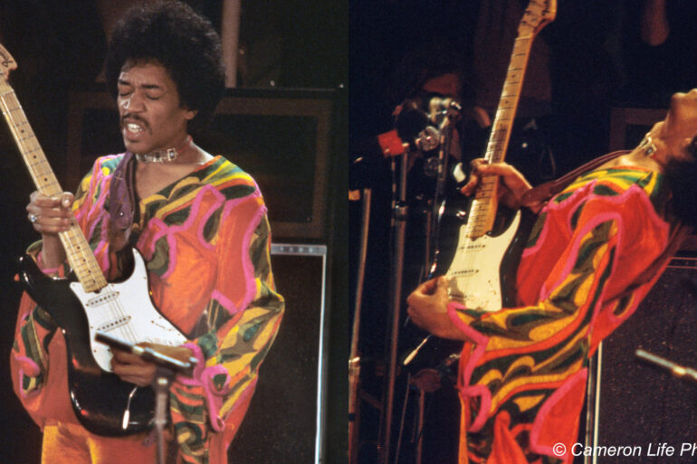 Collage of Jimi Hendrix photos from 1970s festival by Charles Everest - Cameron Life Photo Library