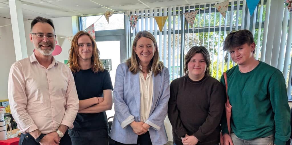 Richard Quigley MP, Richard’s T-level placement student Hayden, Minister for School Standards Georgia Gould MP, Richard’s T-level placement student Tobey, Richard’s T-level placement student Jack.