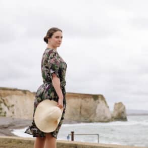 Actress playing Virginia Woolf overlooking Freshwater Bay