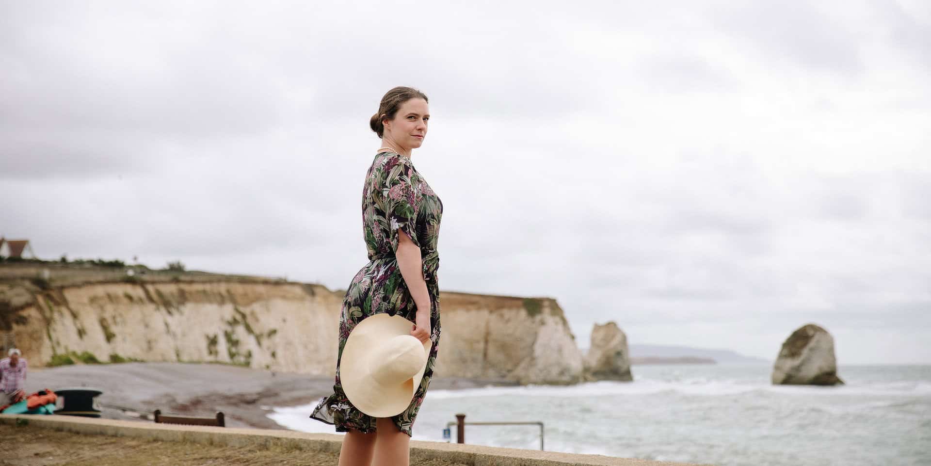 Actress playing Virginia Woolf overlooking Freshwater Bay