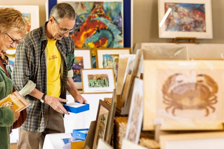 people looking at art during open studios