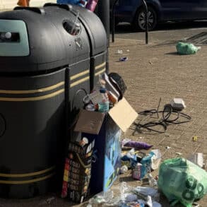 rubbish left by bin on sandown seafront