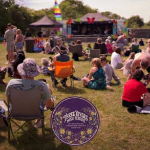 Photo from three rivers music festival showing people sitting in front of stage
