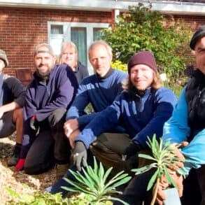 The C.A.R. Gardens team on planting day, with Mountbatten volunteer gardener, Jenny Peddar, centre back and Rob Mew, centre front