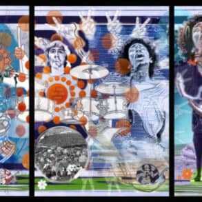 Gem Bell's pictorial history of Isle of Wight Festival made up of collage of different musicians who have played there