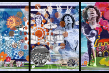 Gem Bell's pictorial history of Isle of Wight Festival made up of collage of different musicians who have played there