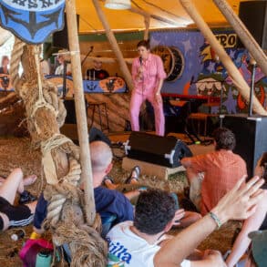 Lily Blacksell performing on stage at Glastonbury