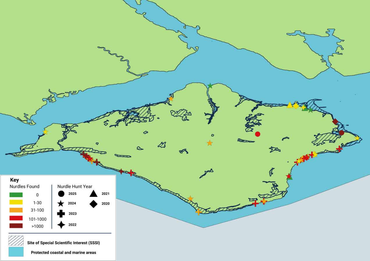 Map of Nurdle pollution around the Isle of Wight