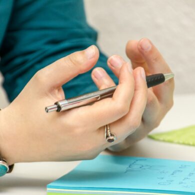 person sitting at a desk with note paper and pen