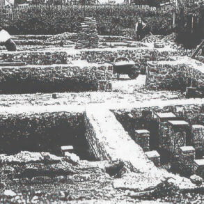 Black and white photo of Newport Roman villa excavation